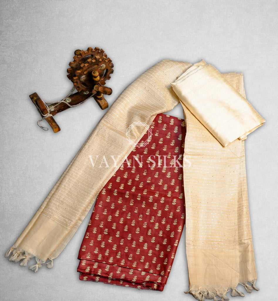 Maroon Printed Tussar Silk Suit