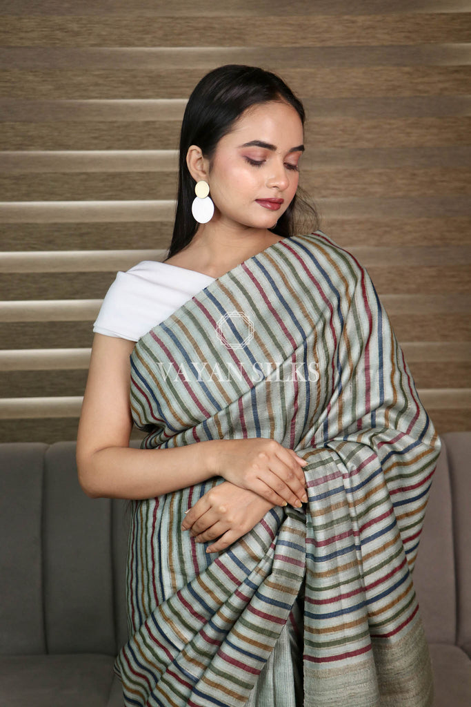 Sage Green Handwoven Tussar Silk Saree