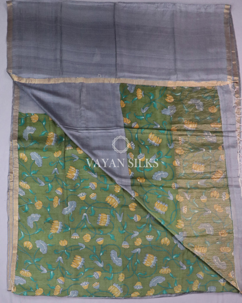 Grey Green Printed - Pure Tussar Silk Saree