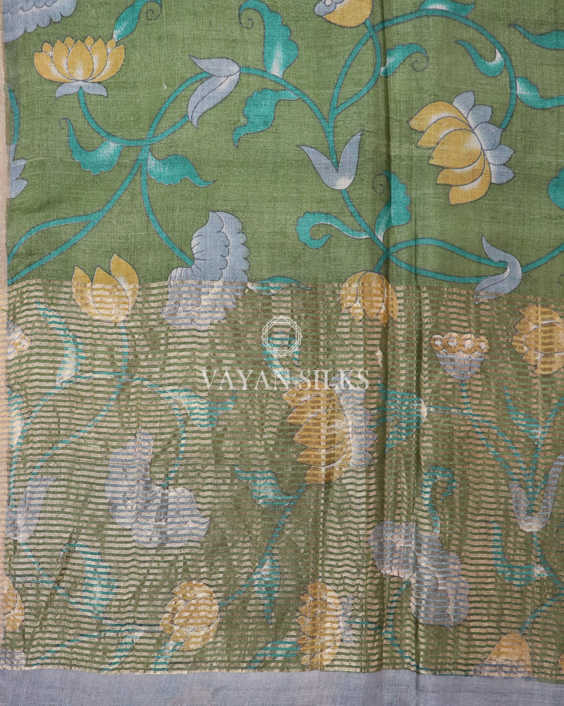 Grey Green Printed - Pure Tussar Silk Saree