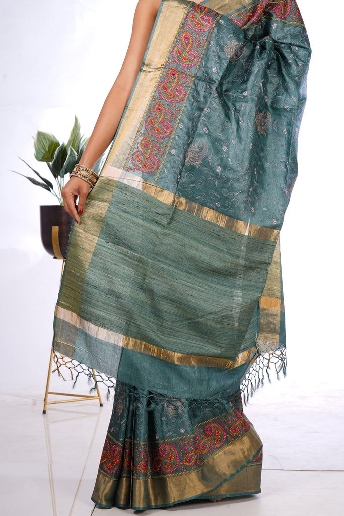 Dark Green Color Tussar Silk Embroidered Saree
