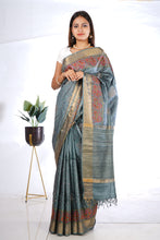 Load image into Gallery viewer, Grey Green Color Tussar Silk Embroidered Saree