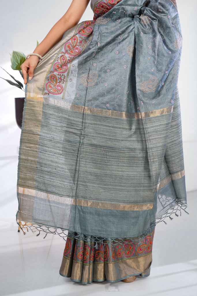 Grey Green Color Tussar Silk Embroidered Saree