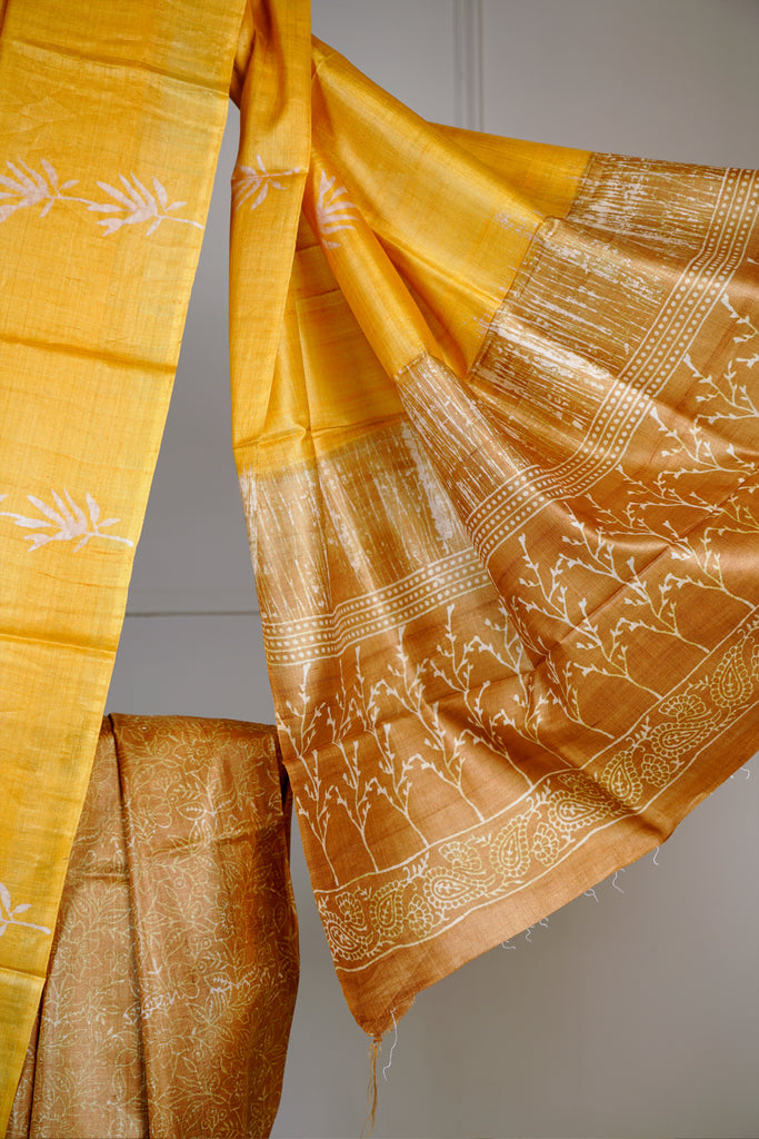 Yellow Mustard Color Tussar Silk Printed Saree