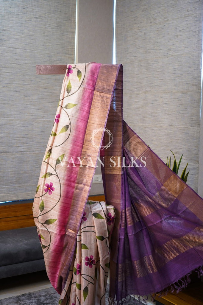 Pink Purple Handpainted Tussar Silk Saree