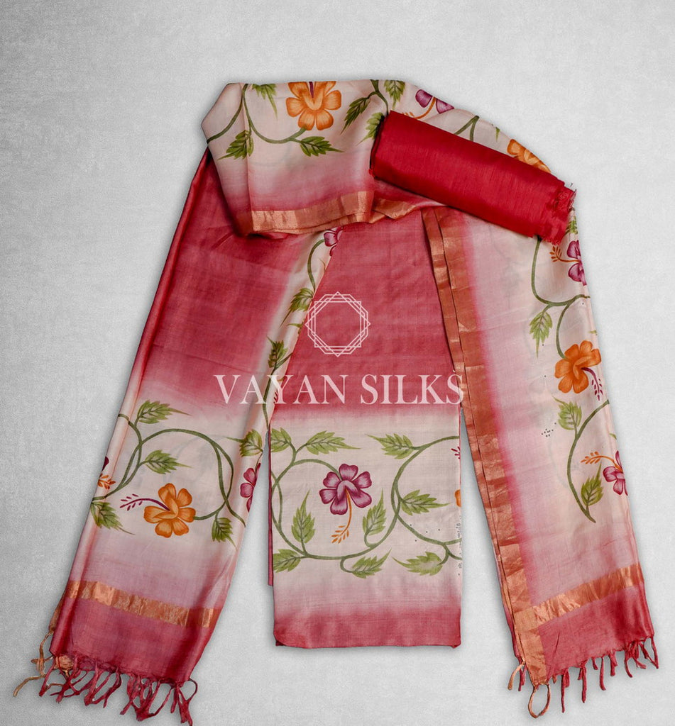 Pink Handpainted Tussar Silk Suit