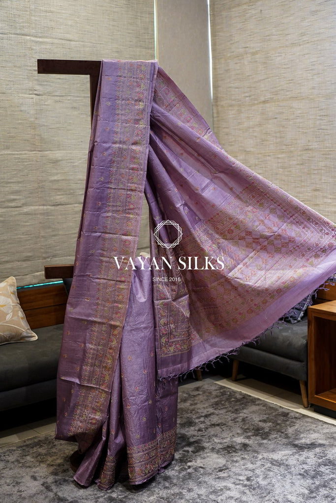 ~ Gul Kaari ~ Lavender Embroidered Tussar Silk Saree