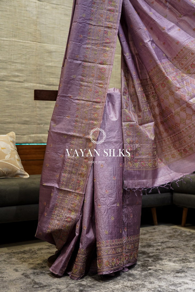 ~ Gul Kaari ~ Lavender Embroidered Tussar Silk Saree