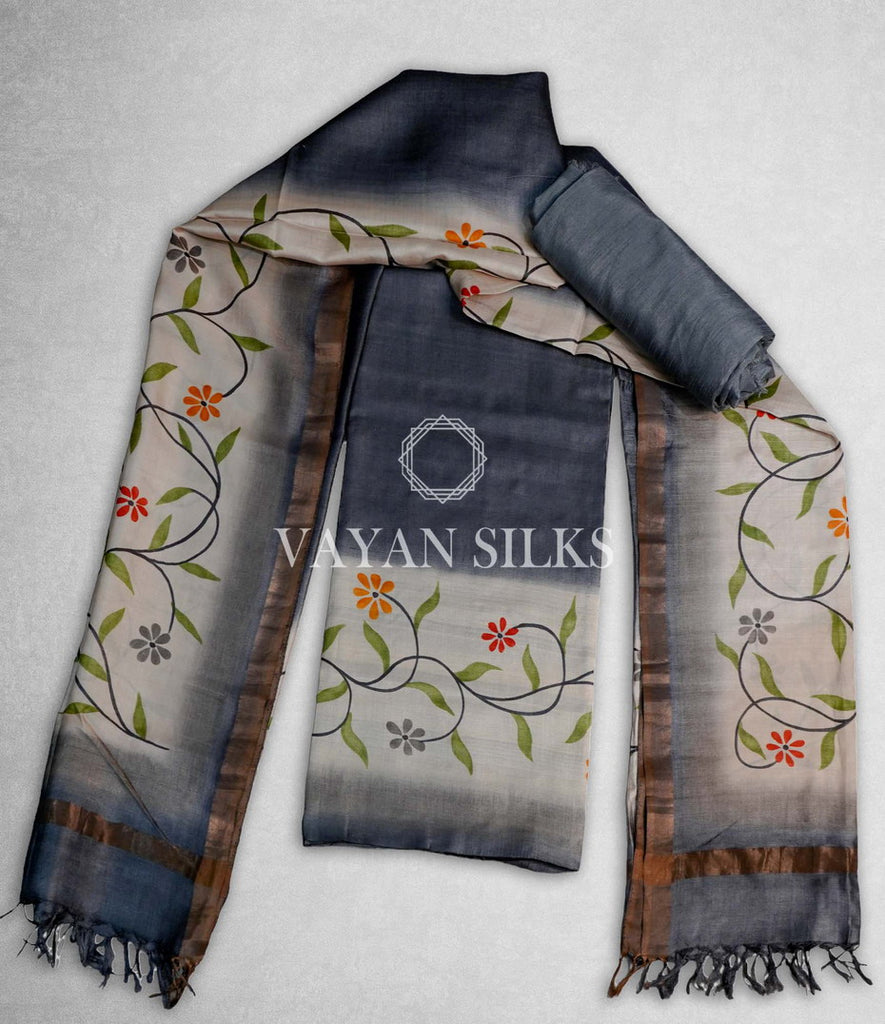 Grey Handpainted Tussar Silk Suit