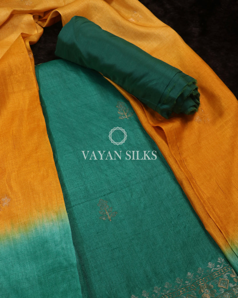 Green Mustard Pure Tussar Silk Suit Set