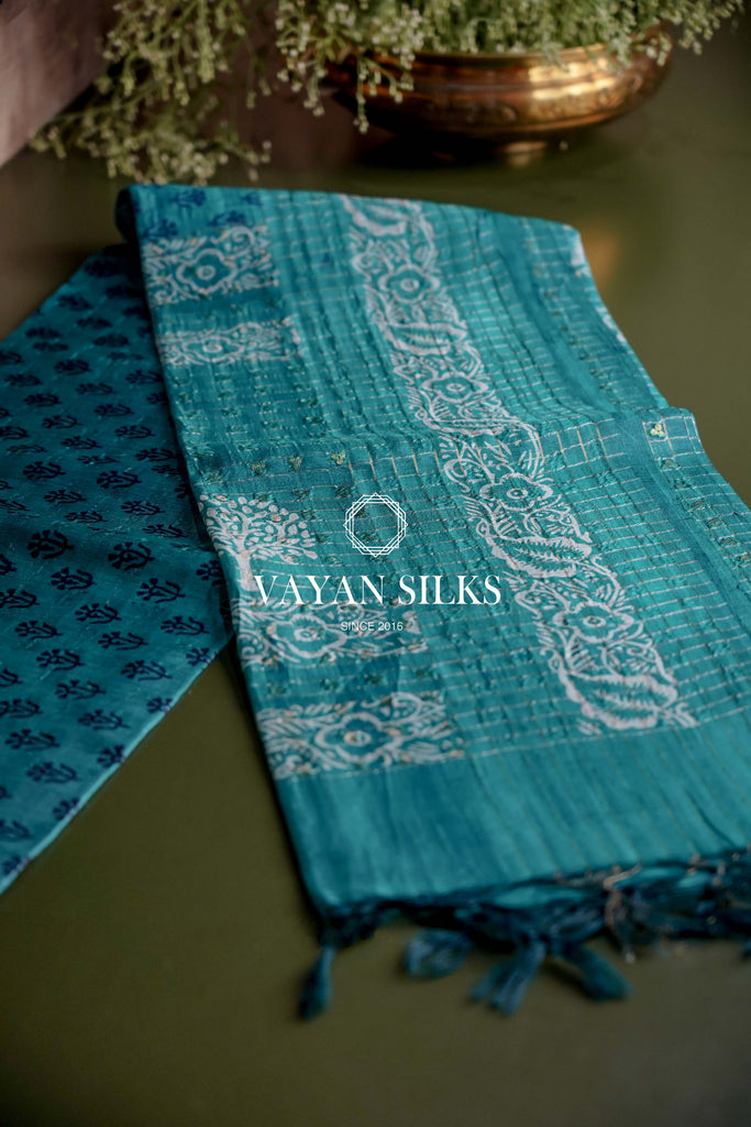Teal Blue Printed Tussar Silk Saree