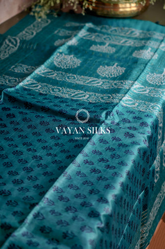 Teal Blue Printed Tussar Silk Saree