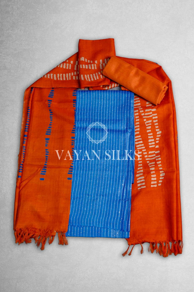 Blue Orange Printed Tussar Silk Suit
