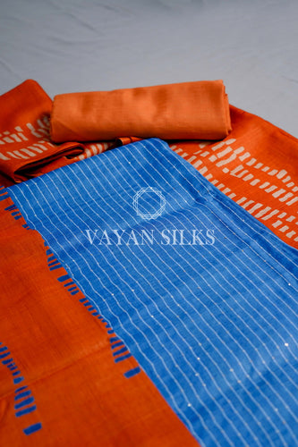 Blue Orange Printed Tussar Silk Suit
