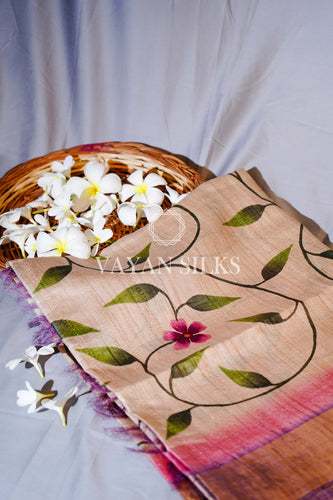 Pink Purple Handpainted Tussar Silk Saree