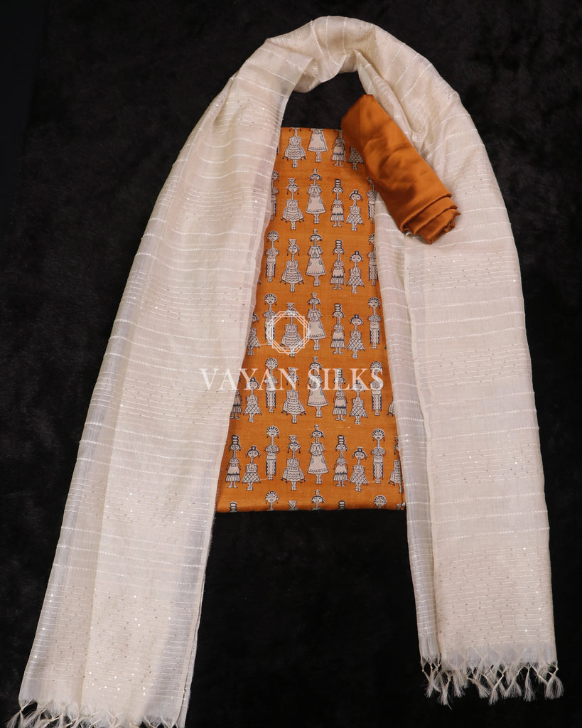 Mustard Printed Pure Tussar Silk Suit