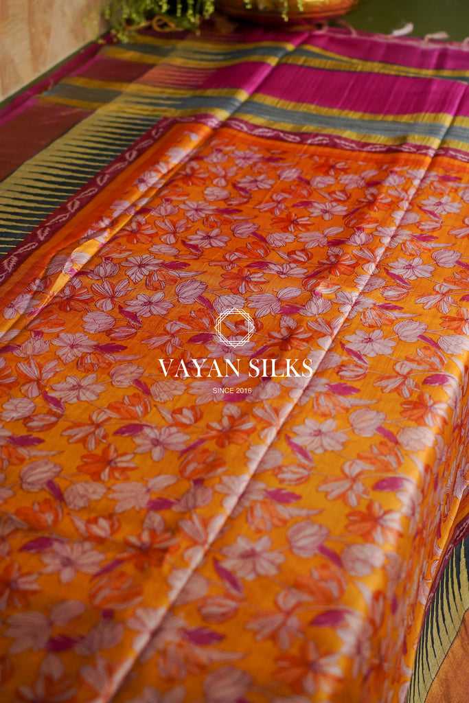Coral Orange Printed Tussar Silk Saree