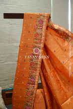 Load image into Gallery viewer, ~ Gul Kaari ~ Orange Embroidered Tussar Silk Saree