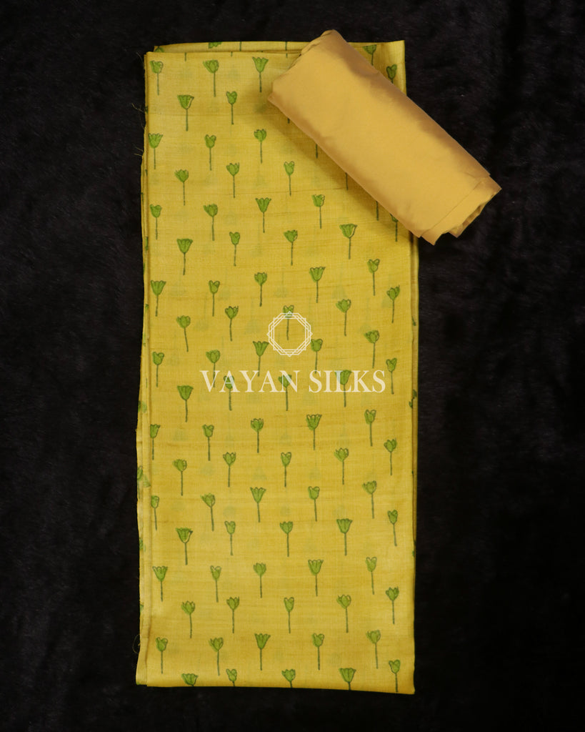 Green Yellow Printed Pure Tussar Silk Suit