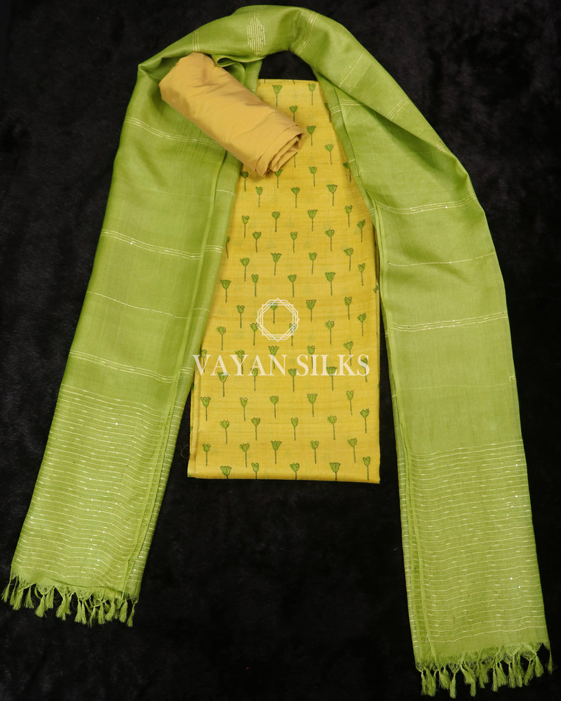 Green Yellow Printed Pure Tussar Silk Suit