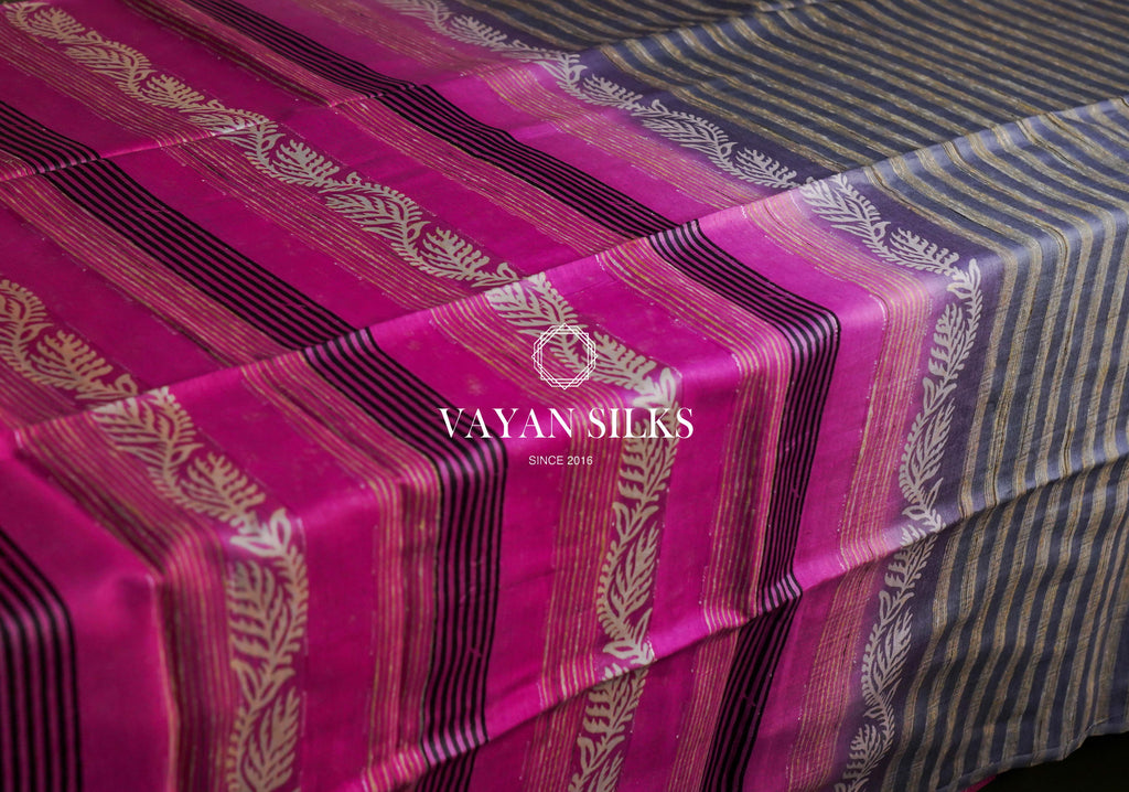 Pink Grey Printed Semi Tussar Silk Saree