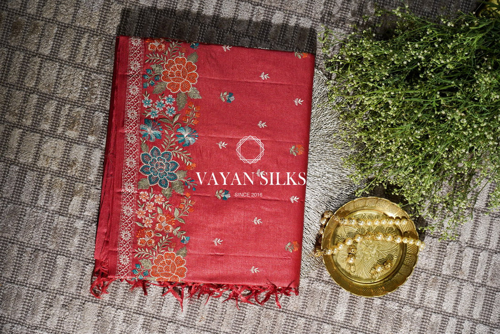 ~ Gul Kaari ~ Red Embroidered Tussar Silk Saree