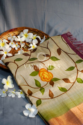 Green Hand painted Tussar Silk Saree