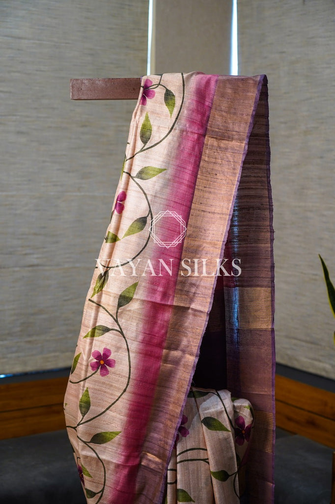 Pink Purple Handpainted Tussar Silk Saree