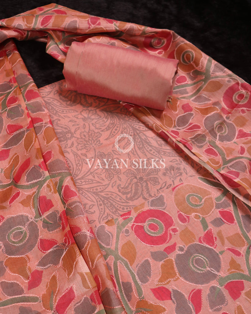 Peach Handpainted Pure Tussar Silk Suit