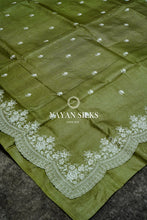 Load image into Gallery viewer, ~ Gul Kaari ~ Olive Green Embroidered Tussar Silk Saree