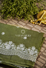 Load image into Gallery viewer, ~ Gul Kaari ~ Olive Green Embroidered Tussar Silk Saree