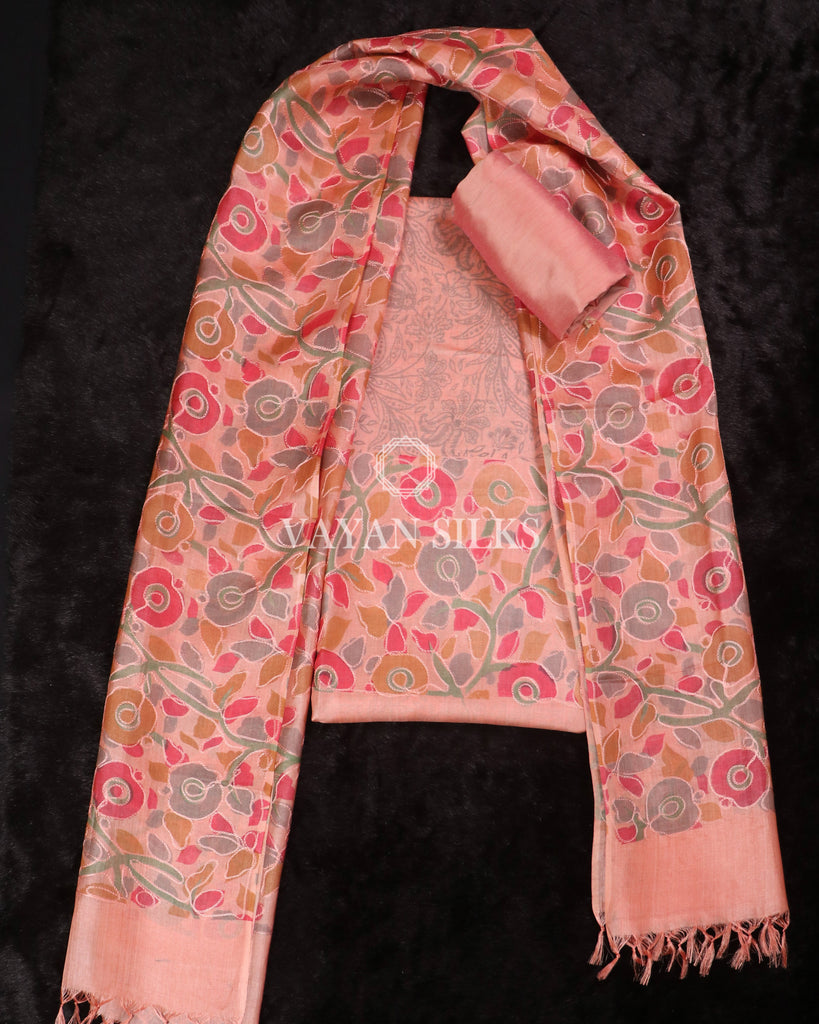 Peach Handpainted Pure Tussar Silk Suit