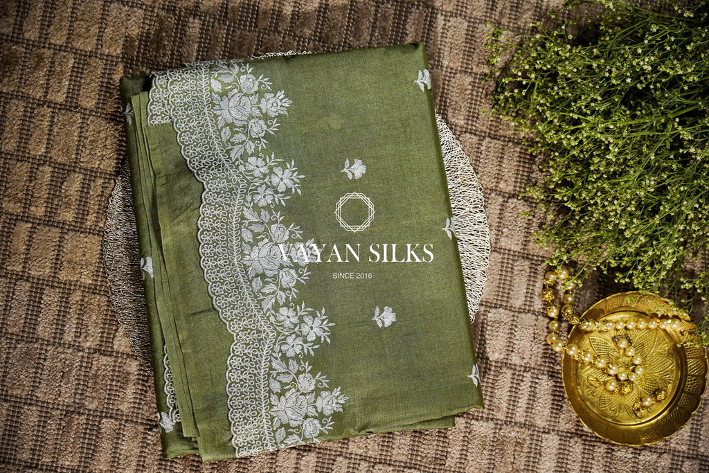 ~ Gul Kaari ~ Olive Green Embroidered Tussar Silk Saree