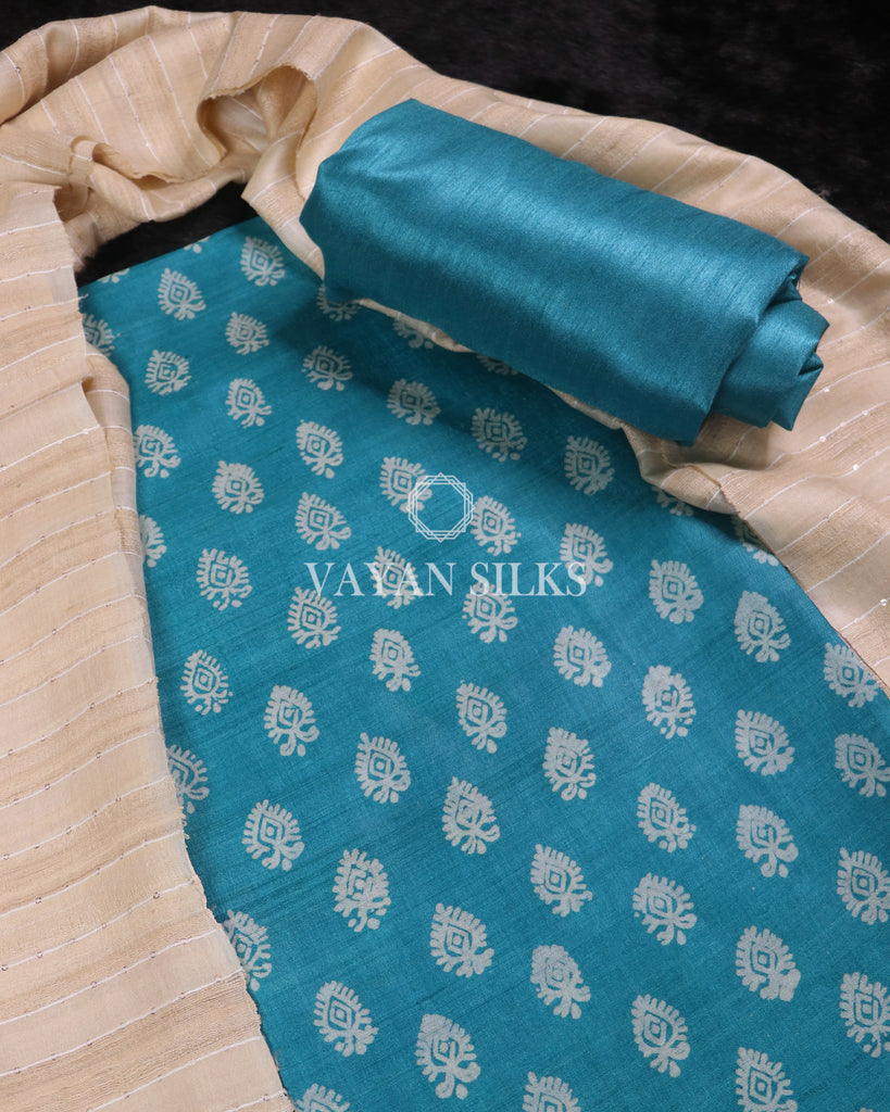 Blue Printed Pure Tussar Silk Suit Set