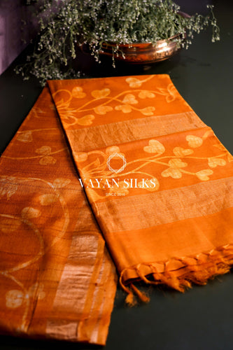 Mustard Yellow Batik Printed Ghicha Silk Saree