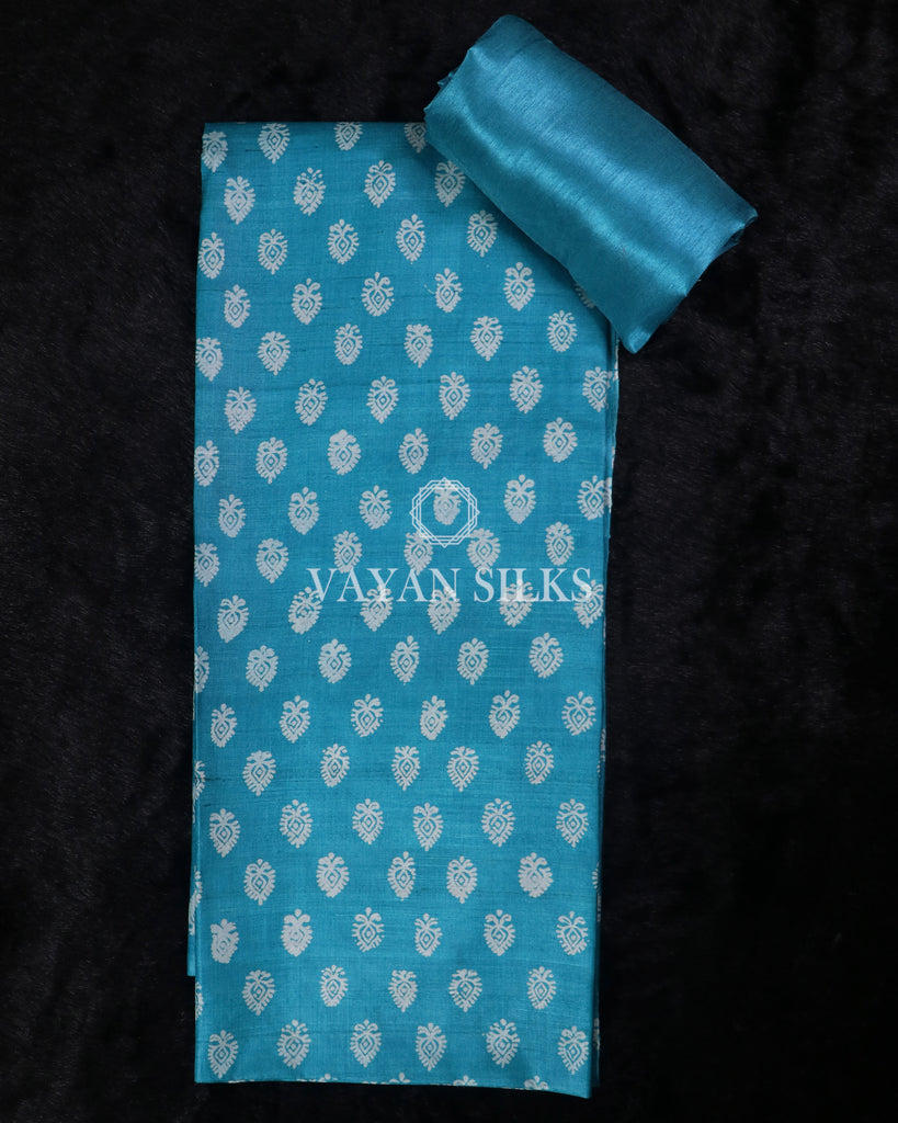 Blue Printed Pure Tussar Silk Suit Set