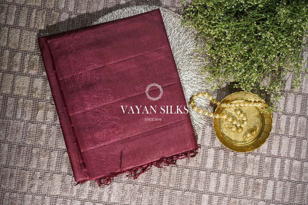 ~ Gul Kaari ~ Red Brown Embroidered Tussar Silk Saree