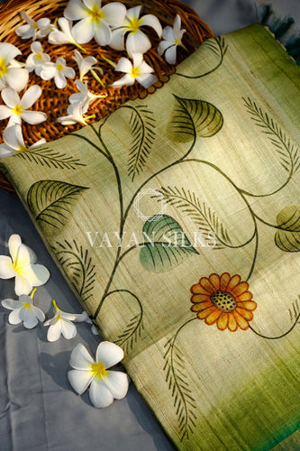 Green Hand painted Tussar Silk Saree
