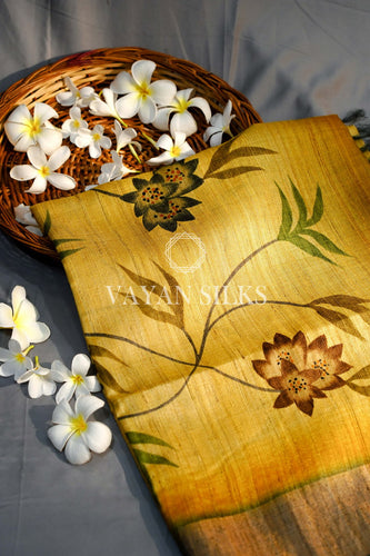 Mustard Green Hand painted Tussar Silk Saree