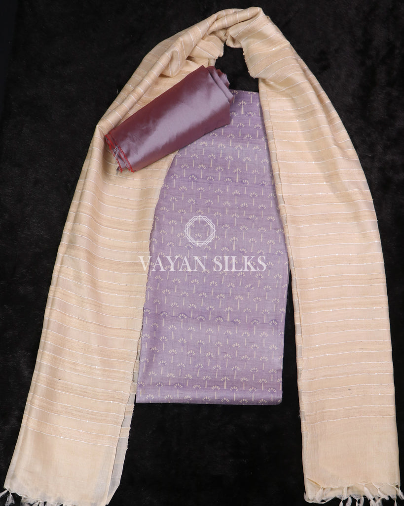 Purple Printed Pure Tussar Silk Suit Set