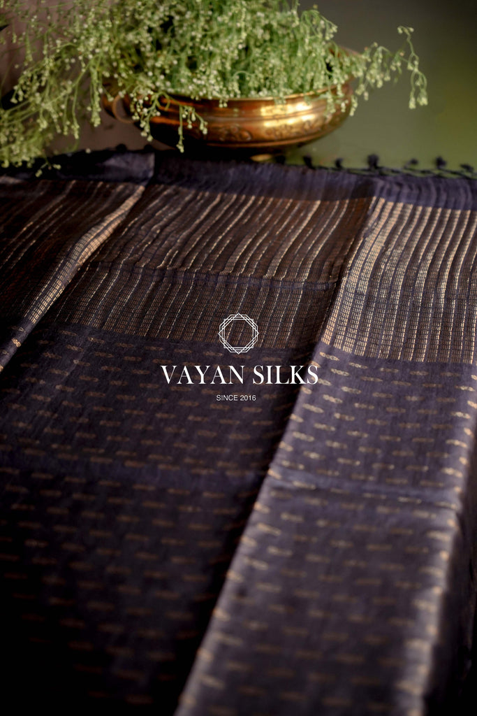 Ink Black Tussar Silk Saree l Handwoven Bootas all over