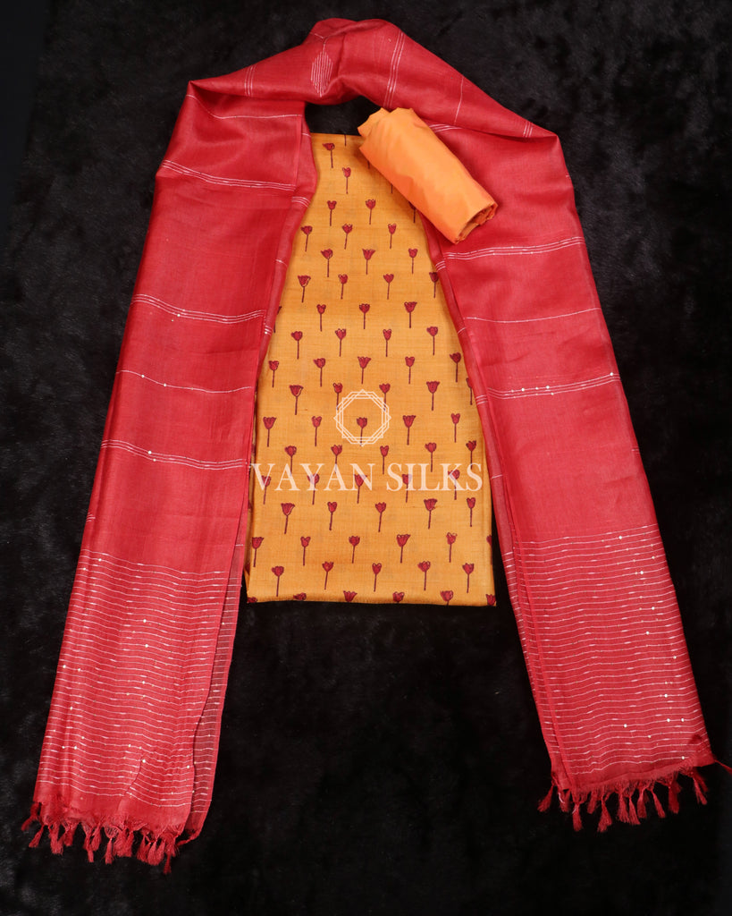 Orange Red Pure Tussar Silk Suit Set