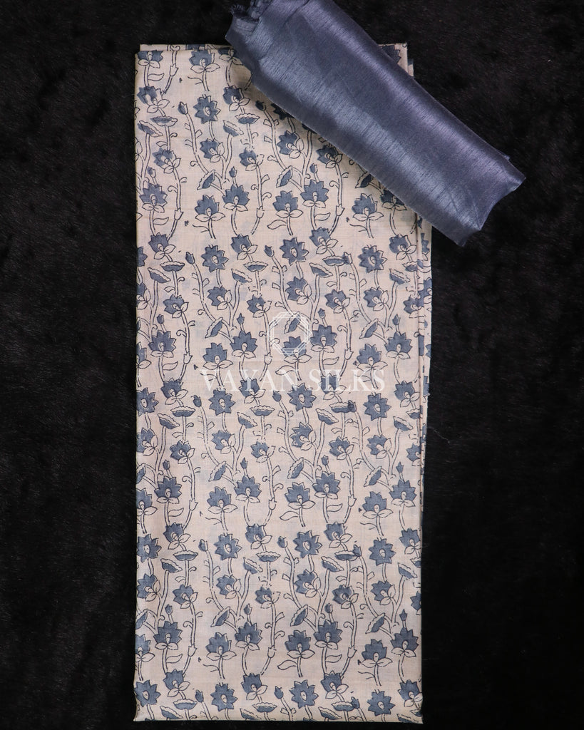 Off White Grey Printed Pure Tussar Silk Suit