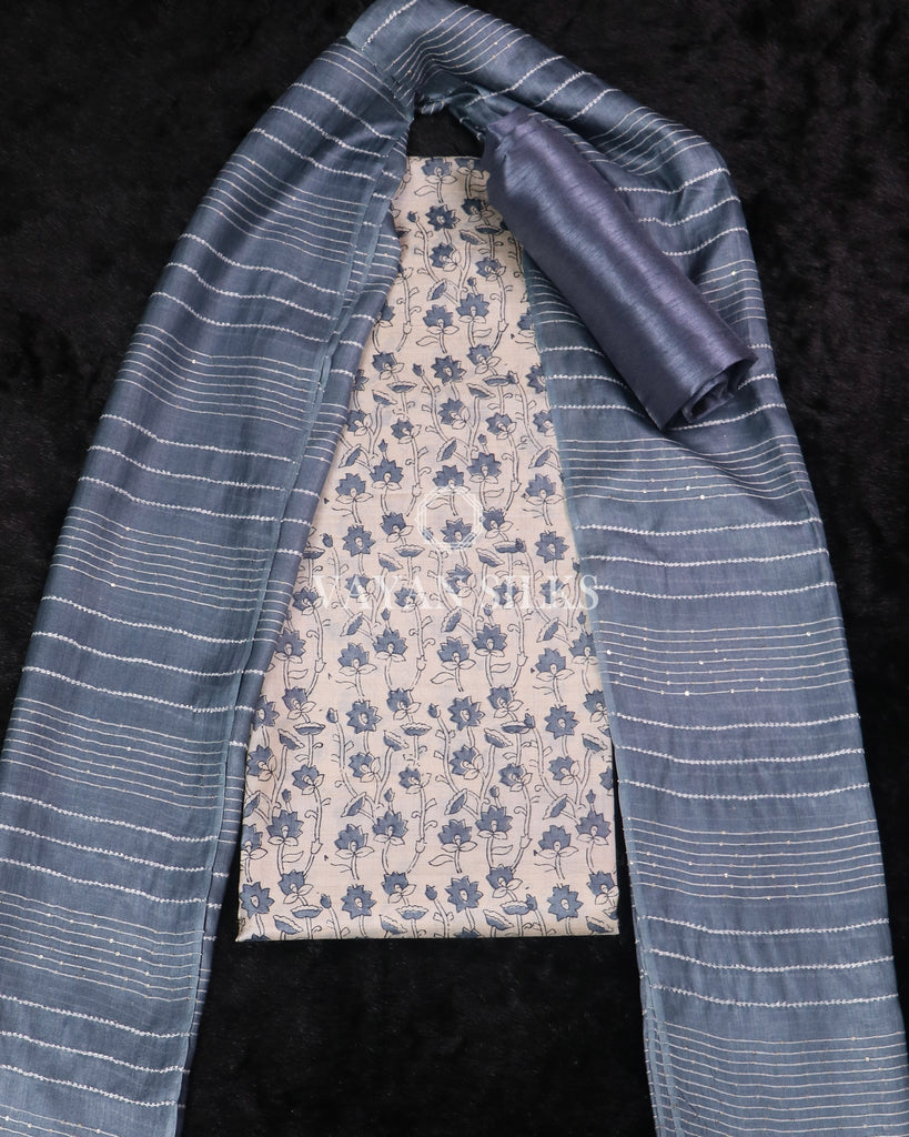 Off White Grey Printed Pure Tussar Silk Suit