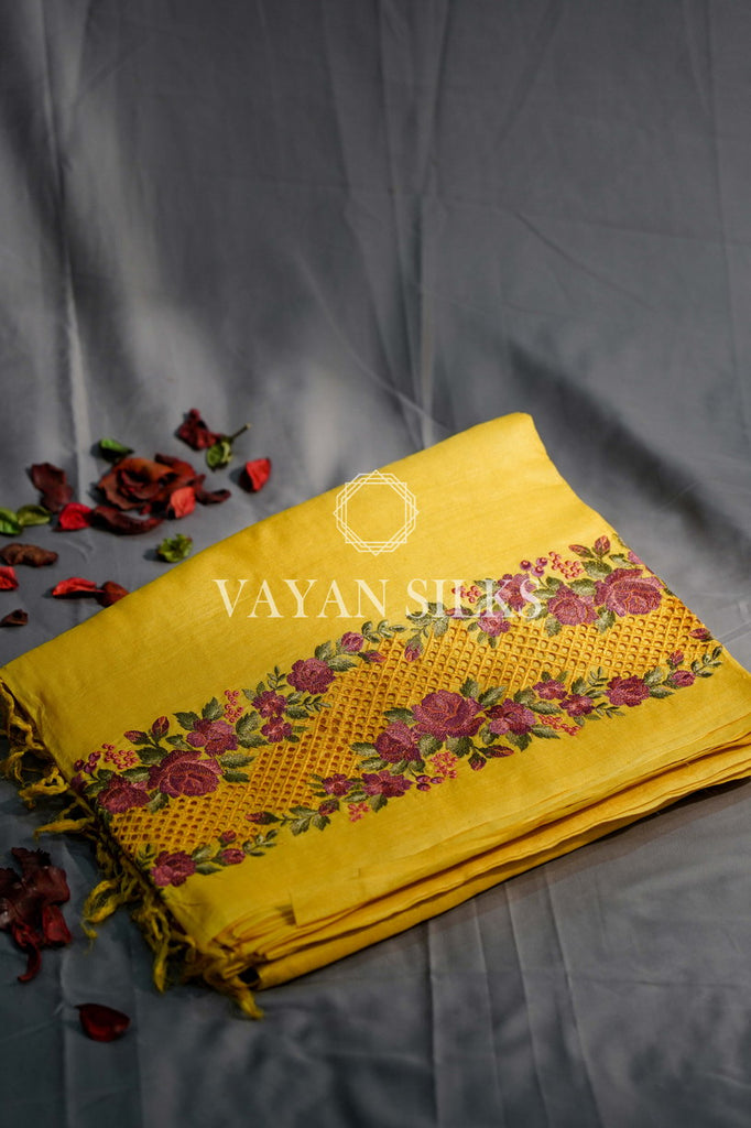 Yellow Embroidered Tussar Silk Saree