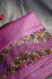 Purple Embroidered Tussar Silk Saree