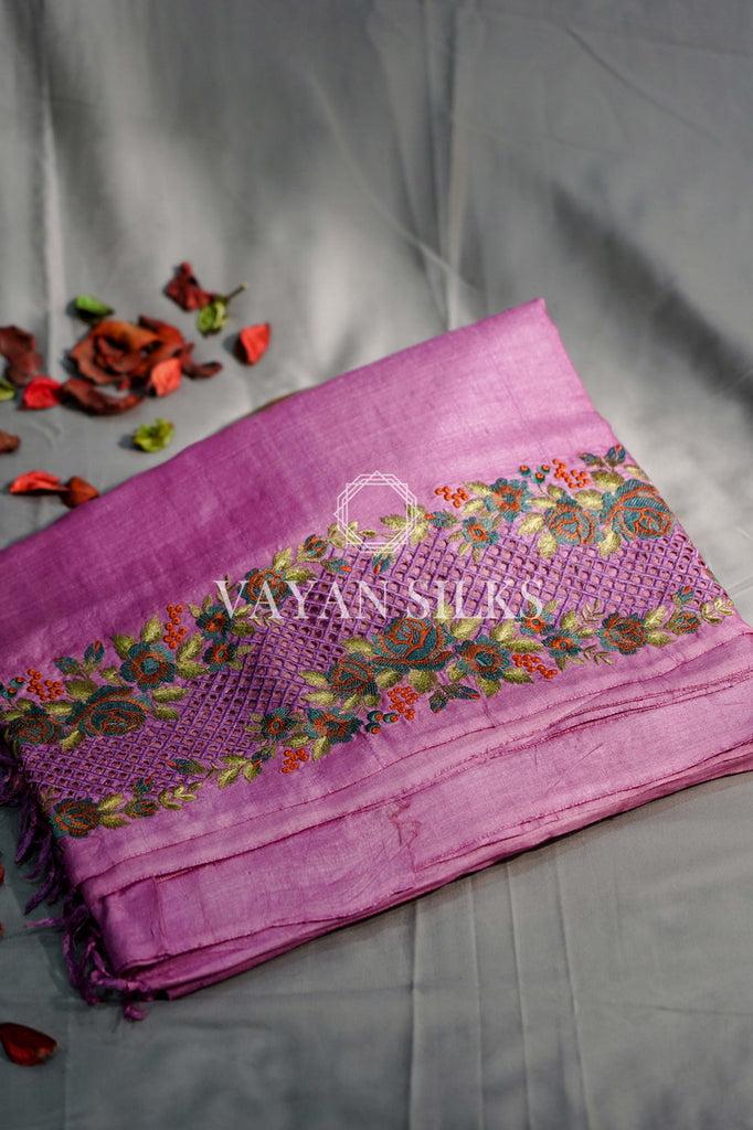 Purple Embroidered Tussar Silk Saree