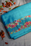 Blue Embroidered Tussar Silk Saree