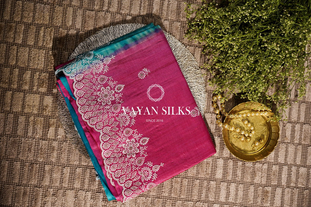 ~ Gul Kaari ~ Pink Blue Embroidered Tussar Silk Saree