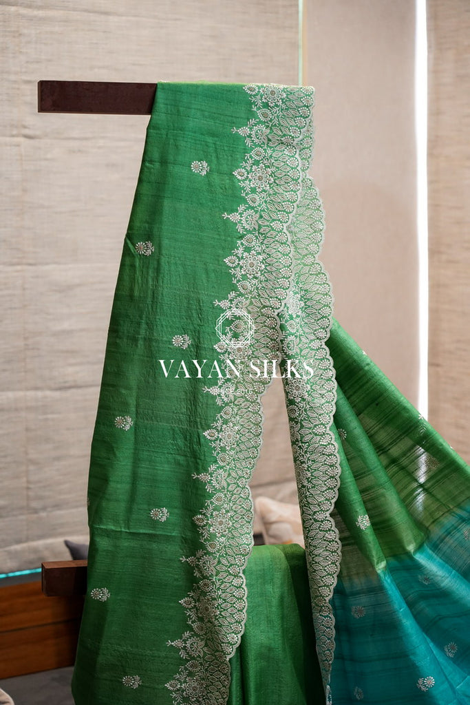 ~ Gul Kaari ~ Green Blue Embroidered Tussar Silk Saree